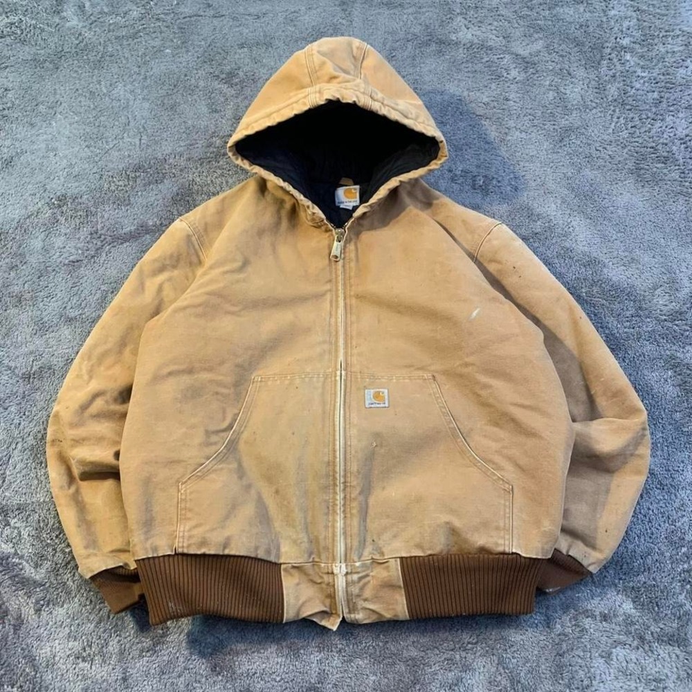 Carhartt Tan Brown Hooded Jacket with some‎ distress